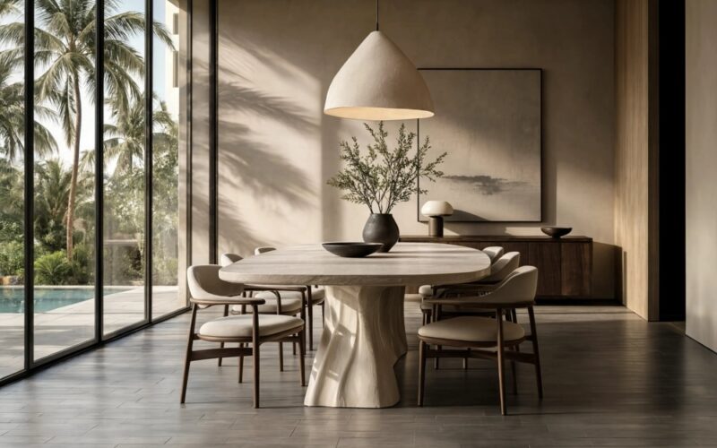 Luxury Miami interior showcasing dark grey matte subway stone look porcelain tile floors.
