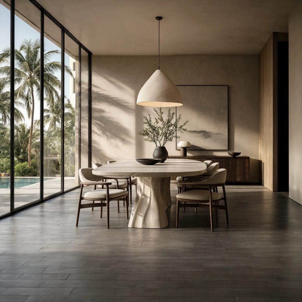 Luxury Miami interior showcasing dark grey matte subway stone look porcelain tile floors.