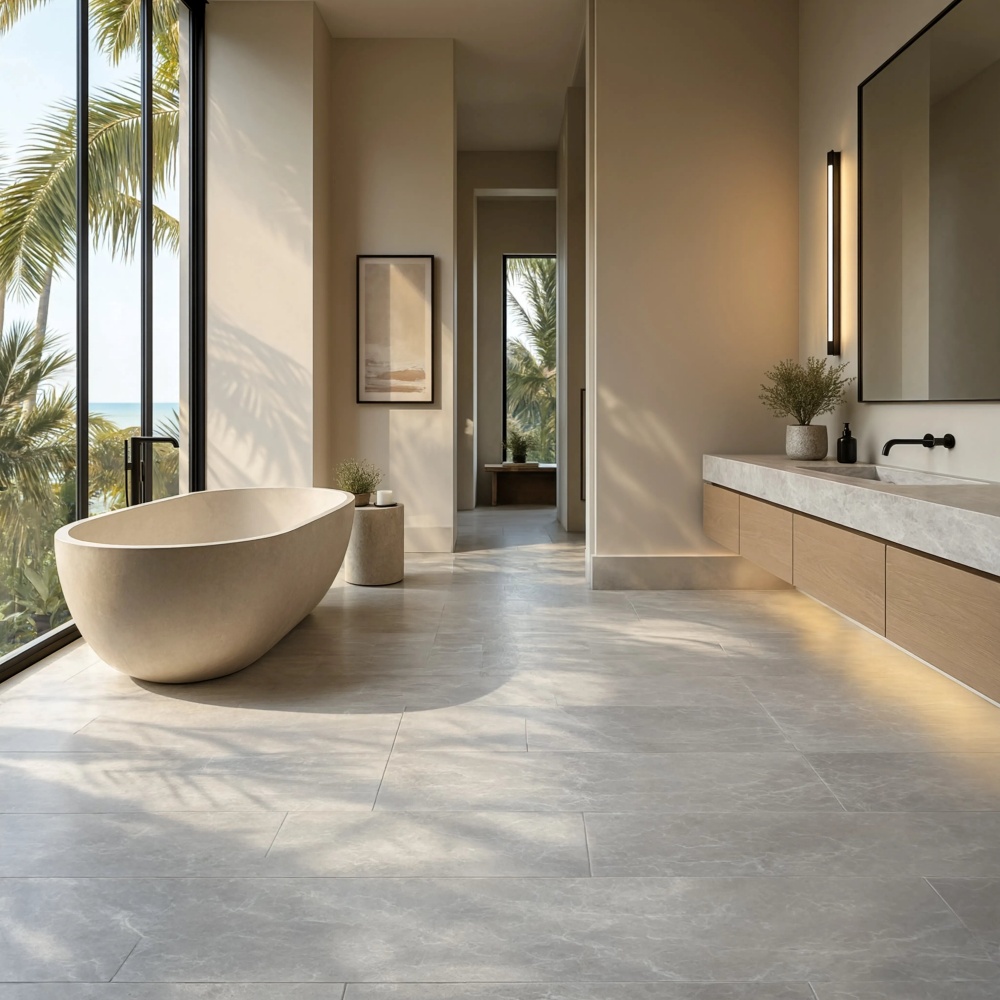 Luxury Miami interior showcasing gray honed marble tile floors.