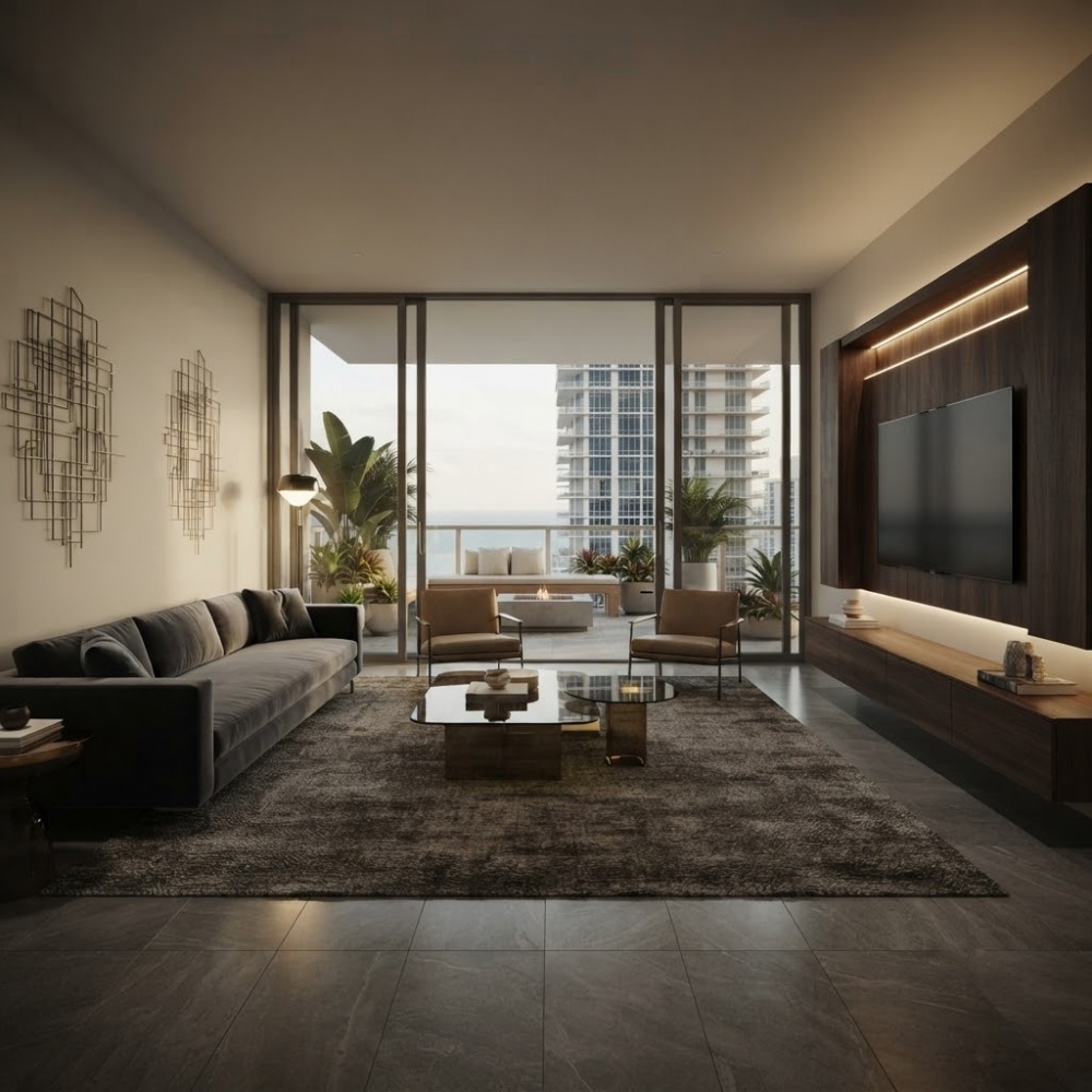 Luxury Miami interior showcasing gray natural porcelain tile floors.