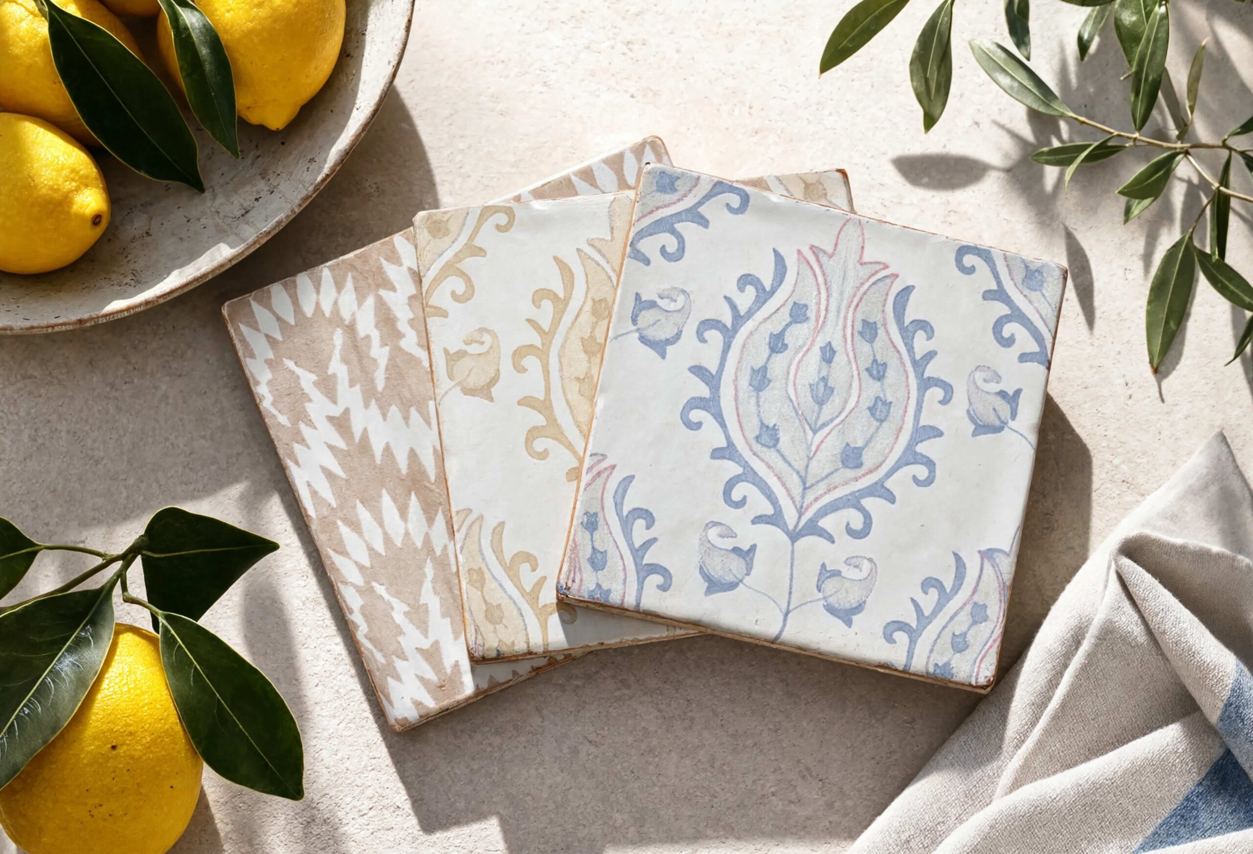 Antiqued Mallorca patterned tiles with soft blue and neutral designs styled with lemons, olive branches, and Mediterranean market decor