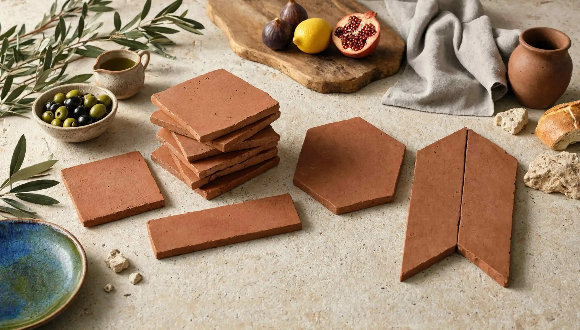 Handmade terracotta tile collection in square, subway, hexagon, and chevron shapes styled with olives and Mediterranean accents.
