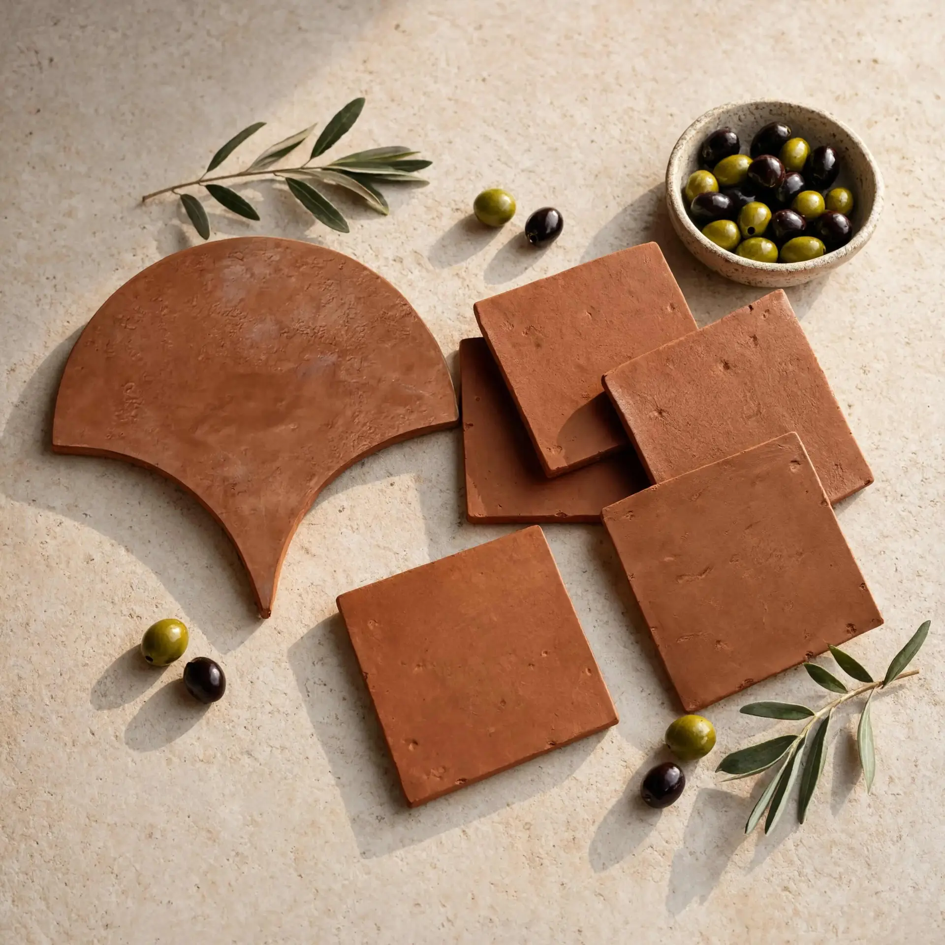 Handmade fan and square terracotta tiles styled with olives and olive branches in a Mediterranean-inspired setting.