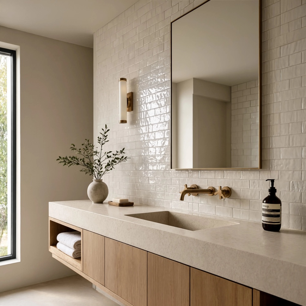 Modern bathroom design in Anaheim featuring white glossy Zellige tiles on the walls.