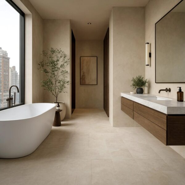 White limestone tile flooring in a modern New York bathroom.
