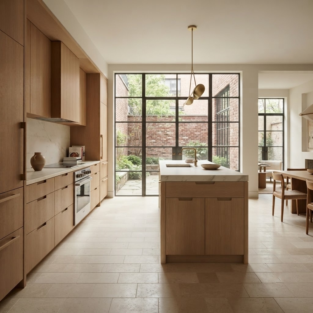 White limestone tile flooring in a modern New York kitchen.