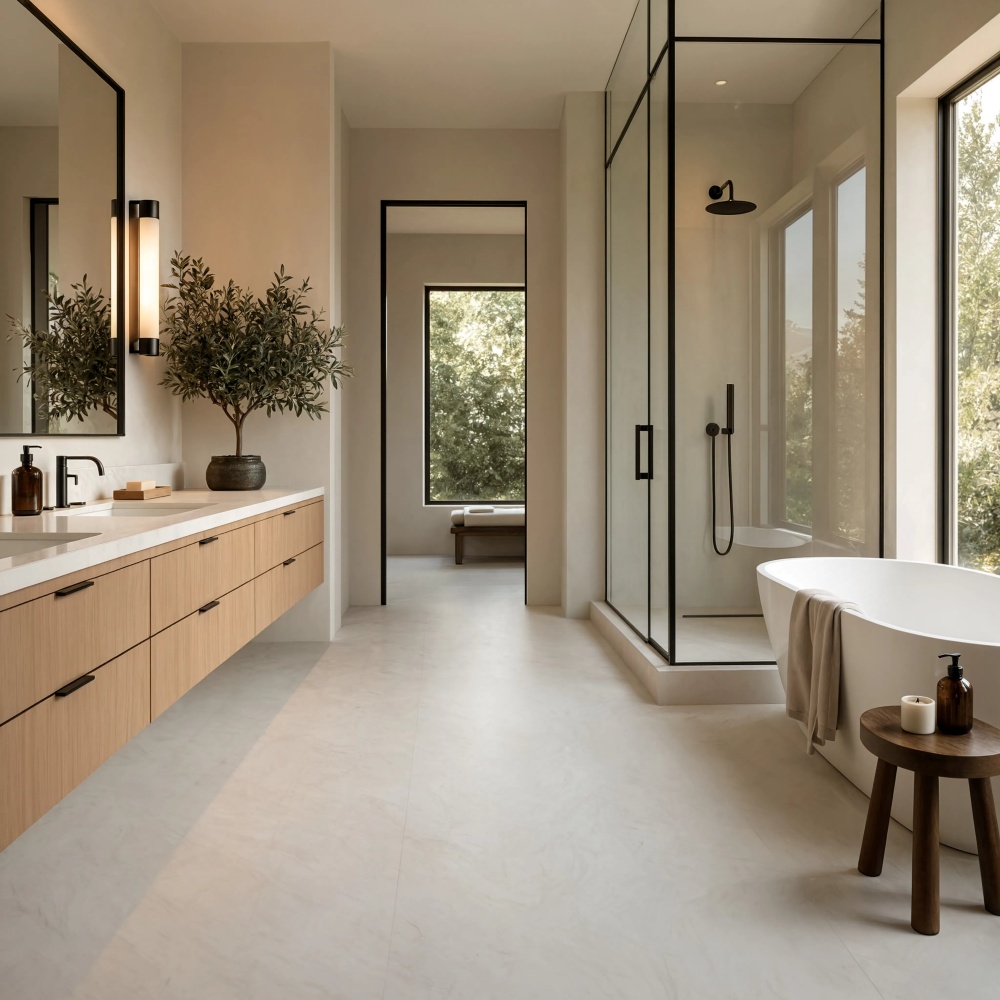 Contemporary luxury bathroom in Anaheim featuring white honed marble floor tiles.