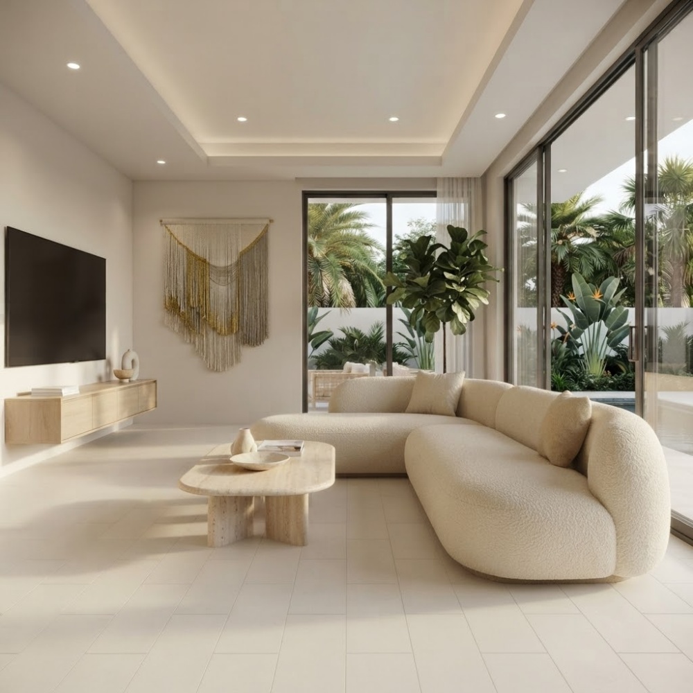 Luxury Miami interior showcasing white honed marble tile floors.
