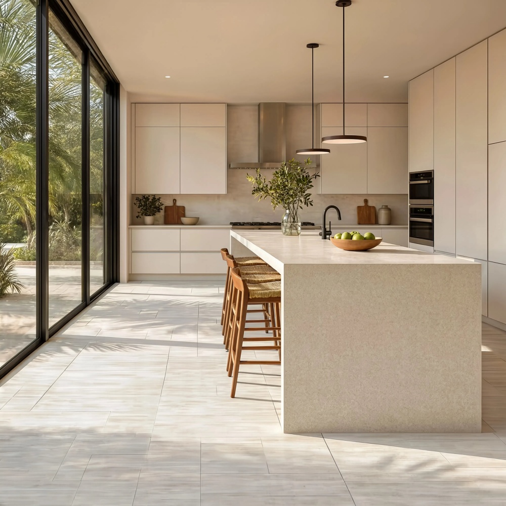 Luxury Miami interior showcasing white honed porcelain tile floors.