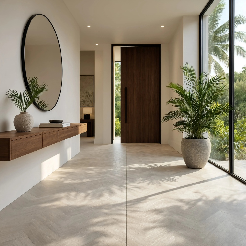 Luxury Miami entyway showcasing white matte porcelain tile floors.
