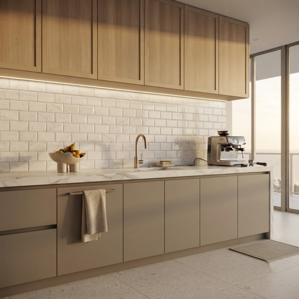 White polished subway marble tile kitchen backsplash in a luxury coastal home in Pompano Beach.