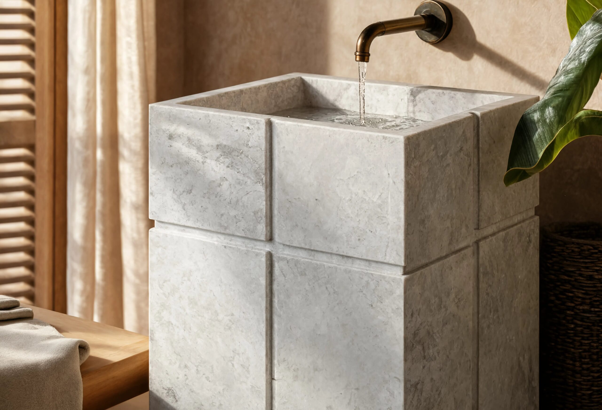 Close-up detail of a soft grey natural stone sink, showing cloud-like marble veining and honed texture as water flows from an aged brass faucet in a sunlit resort-style bathroom