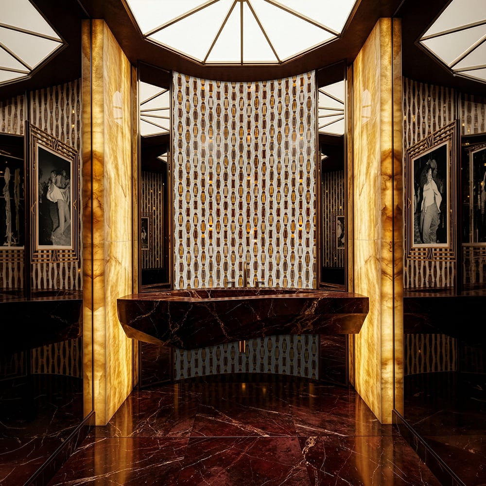 Dramatic neo deco art deco bathroom with backlit amber onyx pillar columns, deep burgundy marble floor and pedestal, geometric amber and white mosaic tile accent wall, brass ceiling detail