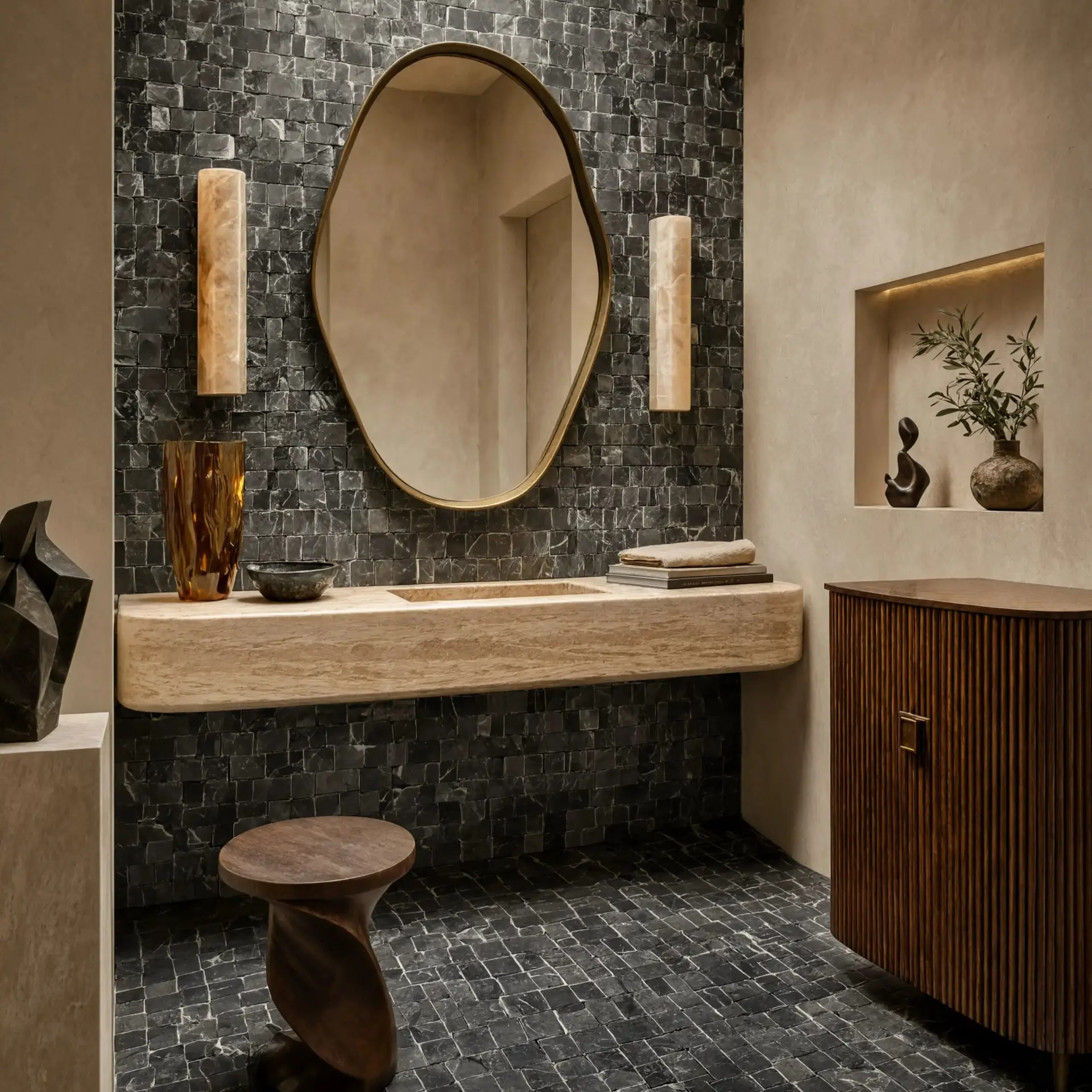 Iris Black honed Scarpa mosaic tile covering full powder room wall and floor in dark charcoal marble irregular hand clipped pattern, travertine floating sink vanity with integrated basin, gold oval mirror, alabaster wall sconces and fluted walnut cabinet
