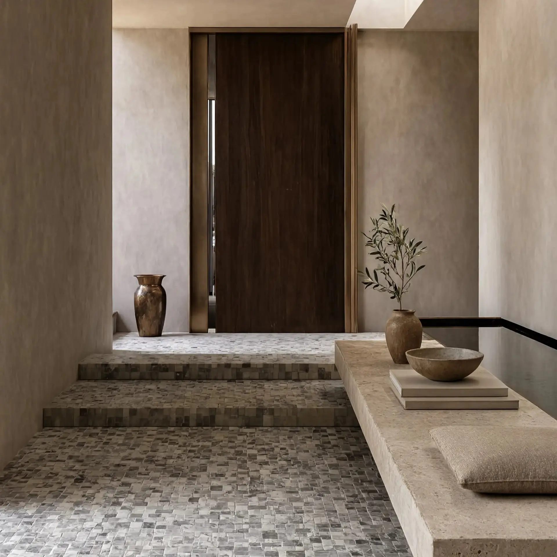 Diana Royal honed Scarpa mosaic tile on entryway floor and stair treads in cool gray and taupe irregular hand clipped pattern, minimalist entry hall with dark walnut pivot door, travertine floating bench and bronze accent vase