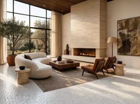 Bianco Dolomiti honed Scarpa mosaic tile covering full living room floor in irregular hand clipped pattern, warm cream and white tones with light catching surface, styled with curved bouclé sofa, walnut coffee table, travertine fireplace surround and olive tree in terracotta pot