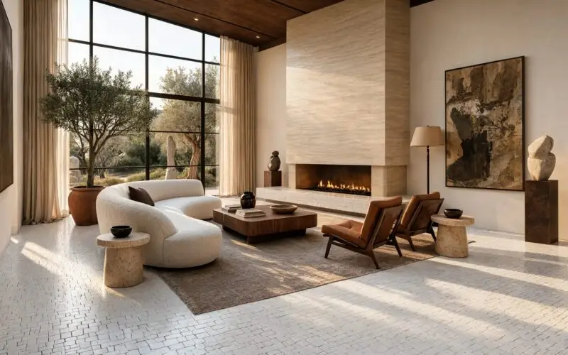 Bianco Dolomiti honed Scarpa mosaic tile covering full living room floor in irregular hand clipped pattern, warm cream and white tones with light catching surface, styled with curved bouclé sofa, walnut coffee table, travertine fireplace surround and olive tree in terracotta pot