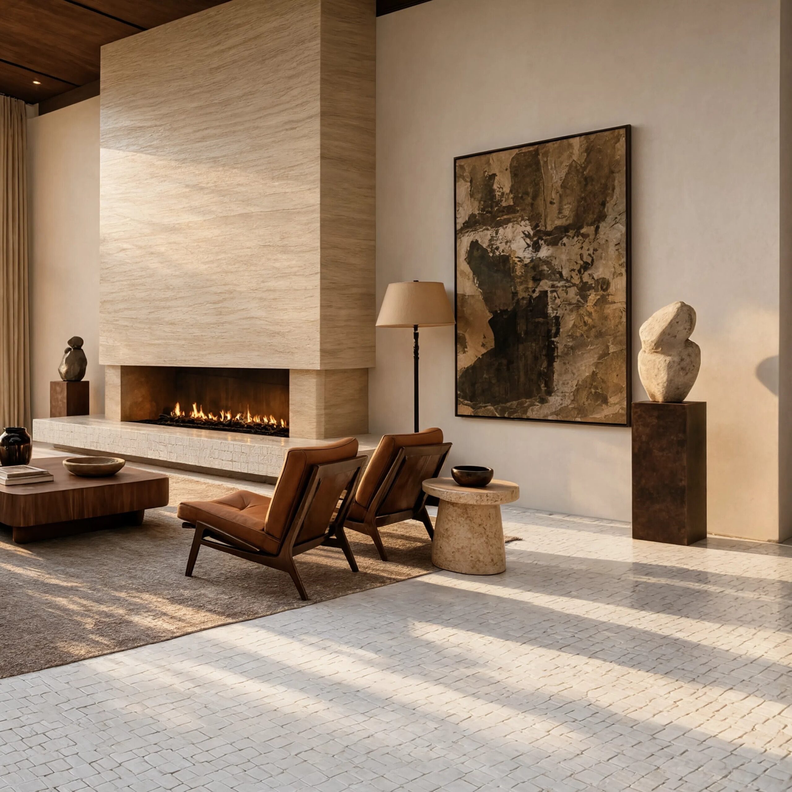 Bianco Dolomiti honed Scarpa mosaic tile floor in large format living room with warm afternoon light, rough cut irregular white marble mosaic pattern, travertine linear fireplace surround, mid century leather lounge chairs and abstract wall art