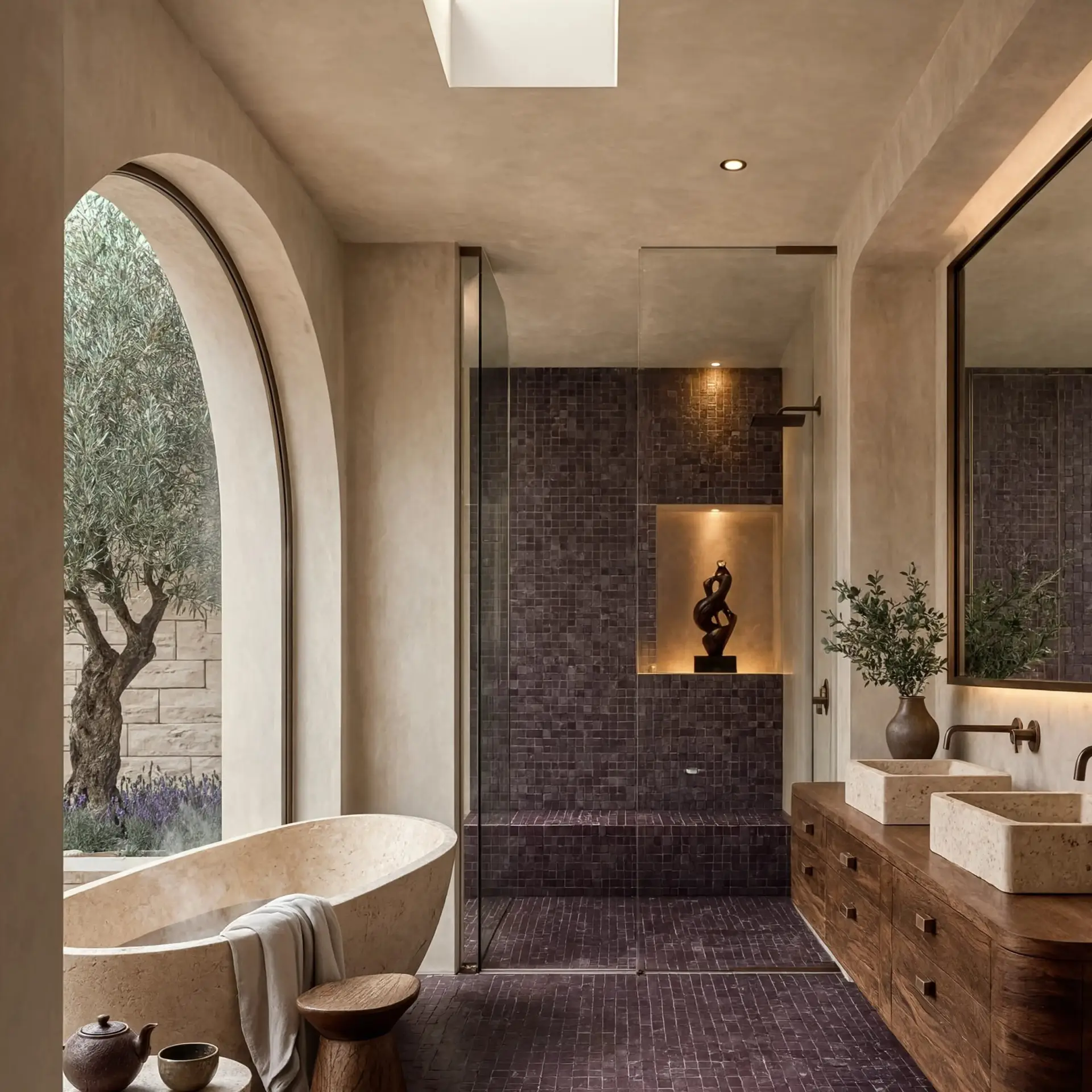 Red marble Scarpa mosaic tile covering full shower floor, shower walls and bathroom floor in deep charcoal marble with interlocking rough cut pattern, paired with travertine freestanding bathtub, stone vessel sinks on walnut vanity and arched window with olive garden view