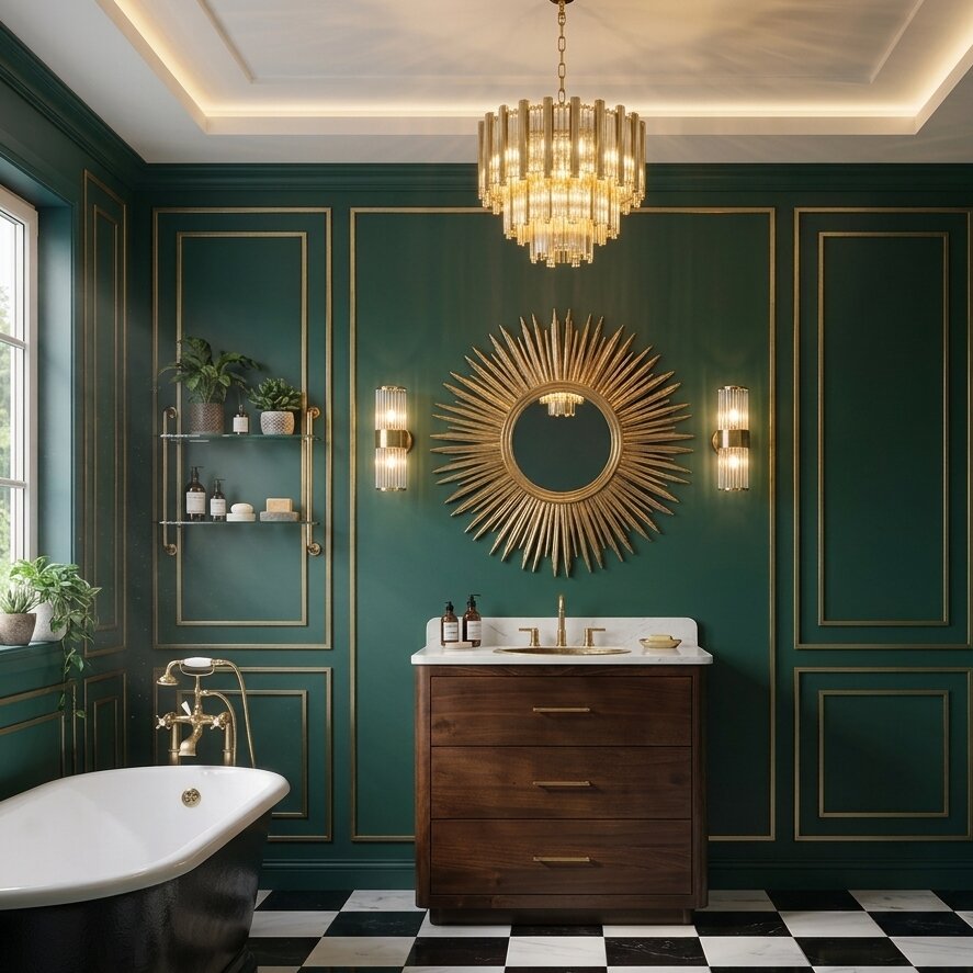 Dark walnut wood bathroom vanity with white marble countertop in a neo deco bathroom design featuring hunter green lacquered walls with gold molding, black and white checkerboard marble floor tile and gold Art Deco chandelier