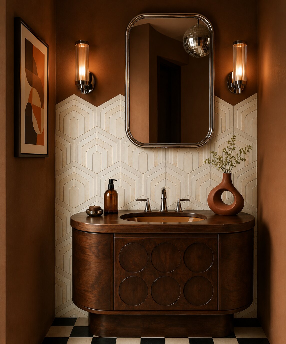 Neo deco bathroom interior with geometric marble mosaic wall tile in cream and warm neutral tones, paired with a sculptural walnut vanity, rounded chrome mirror, chrome wall sconces, checkerboard marble floor and disco ball pendant in a 70s inspired powder room