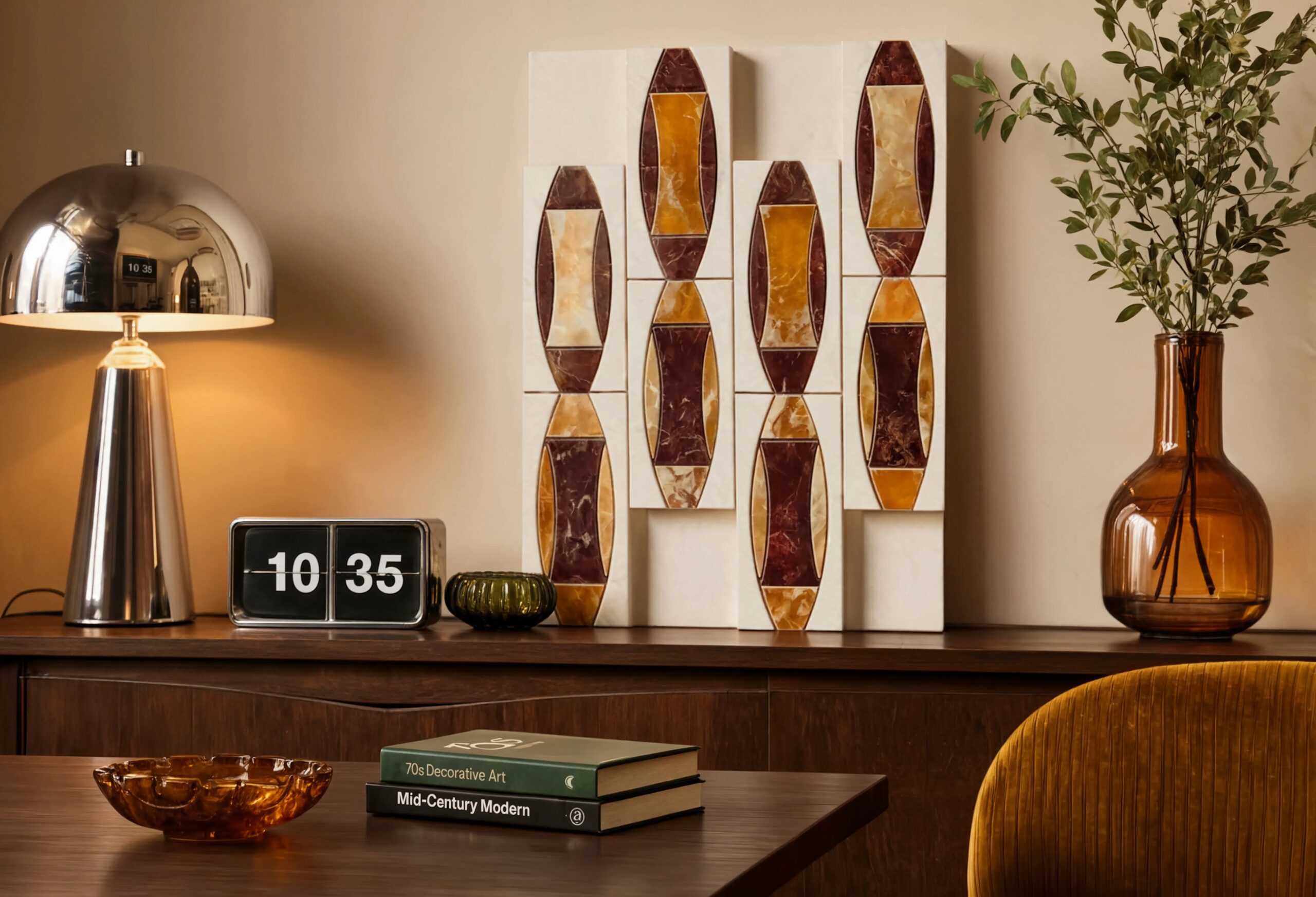 Neo deco interior design styled vignette featuring a 70s marble mosaic tile with jewel-toned spindle pattern in deep burgundy and warm amber, displayed on a walnut credenza with chrome mushroom lamp, flip clock, amber glass vase and Mid-Century Modern accessories