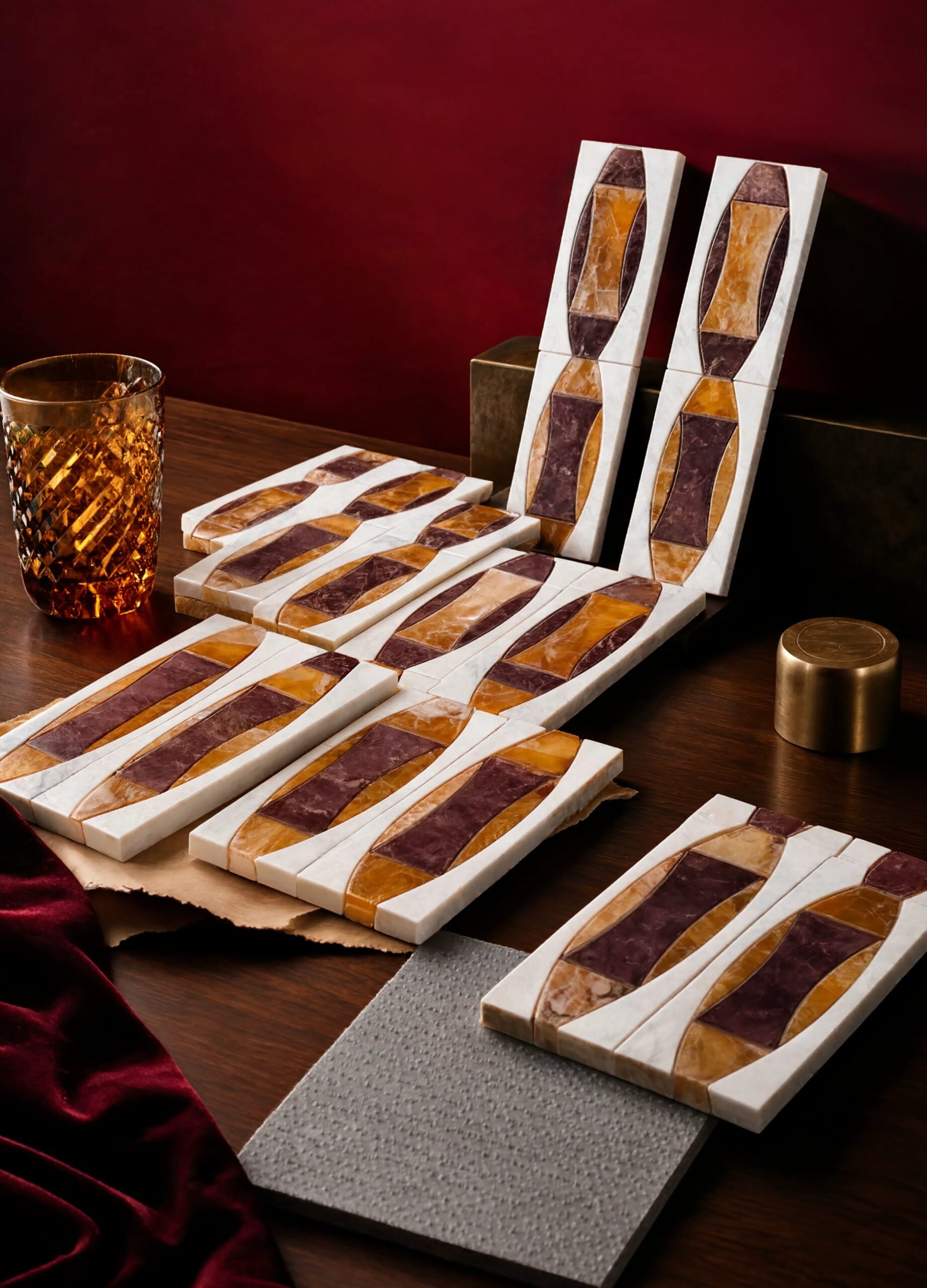 Neo deco tile editorial still life — jewel-toned marble mosaic sheets in deep burgundy, honey amber and Snow White vertical spindle pattern, arranged on dark walnut with amber crystal tumbler, brass cylinder and burgundy velvet against a deep red background