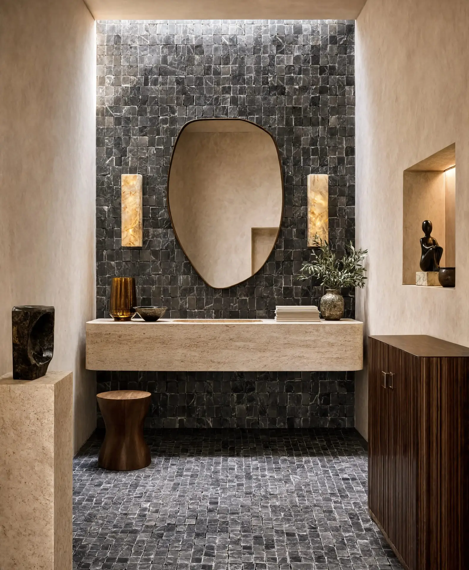 Powder room with charcoal scarpa mosaic tiles covering the floor and full accent wall behind a floating travertine vanity and oval mirror.