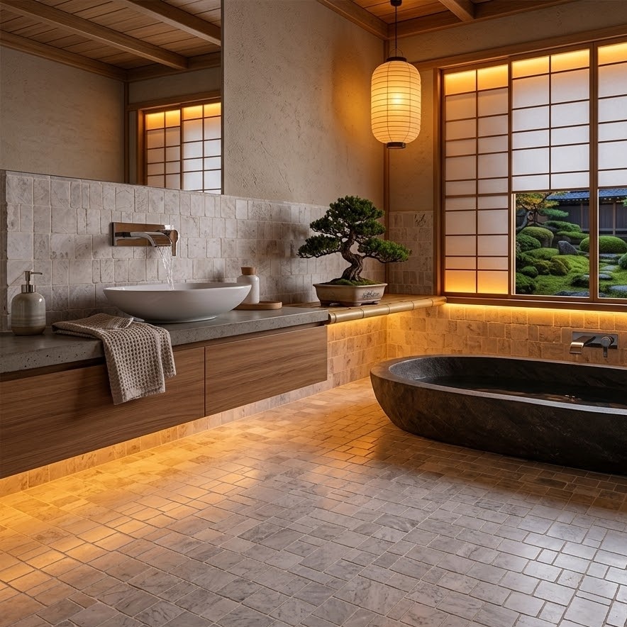 Scarpa mosaic tile flooring in warm cream and beige irregular hand clipped marble covering full bathroom floor with under vanity LED lighting, Japanese zen inspired bathroom with dark stone soaking tub, wood floating vanity, vessel sink and shoji screen windows with garden view