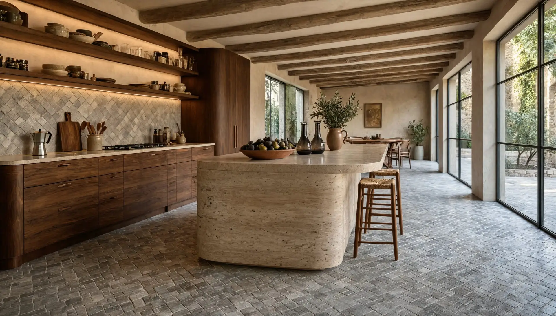 Rustic kitchen with dark wood cabinetry and beamed ceiling, floored in gray scarpa mosaic tiles that add texture beneath a curved travertine island.