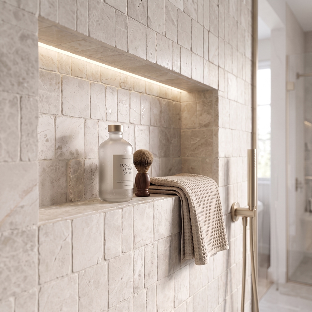 Bianco Dolomiti honed Scarpa mosaics covering full shower niche interior and surrounding shower wall in warm cream irregular hand clipped marble pattern, LED strip lighting inside niche with brushed brass shower rail, styled with stone soap bottle and shaving brush