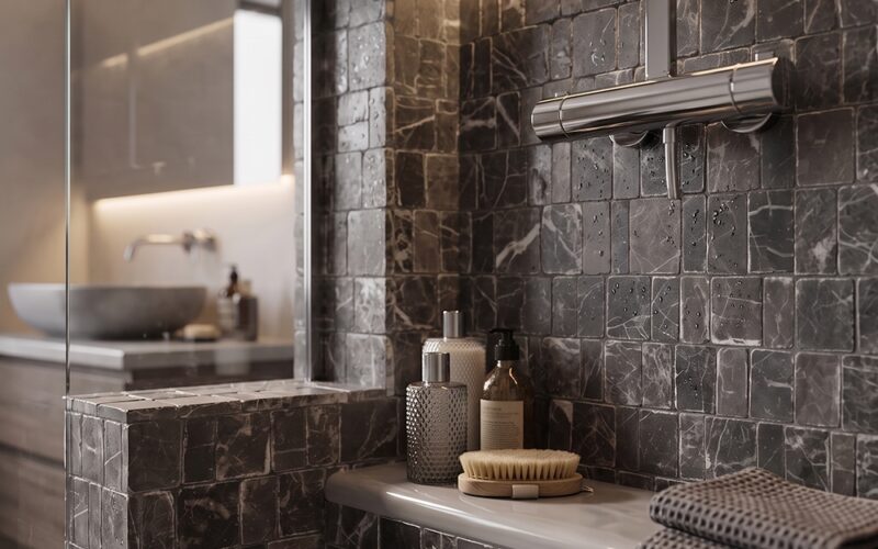 Iris Black honed Scarpa mosaic shower tile covering full shower wall and built in bench in dark charcoal marble with white veining, showing wet surface texture and irregular hand clipped pattern, chrome rain shower fixture and waffle weave towel