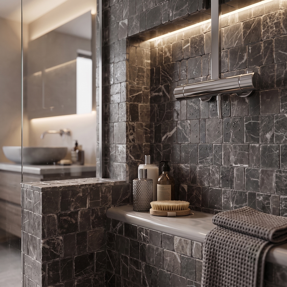 Iris Black honed Scarpa mosaic shower tile covering full shower wall and built in bench in dark charcoal marble with white veining, showing wet surface texture and irregular hand clipped pattern, chrome rain shower fixture and waffle weave towel