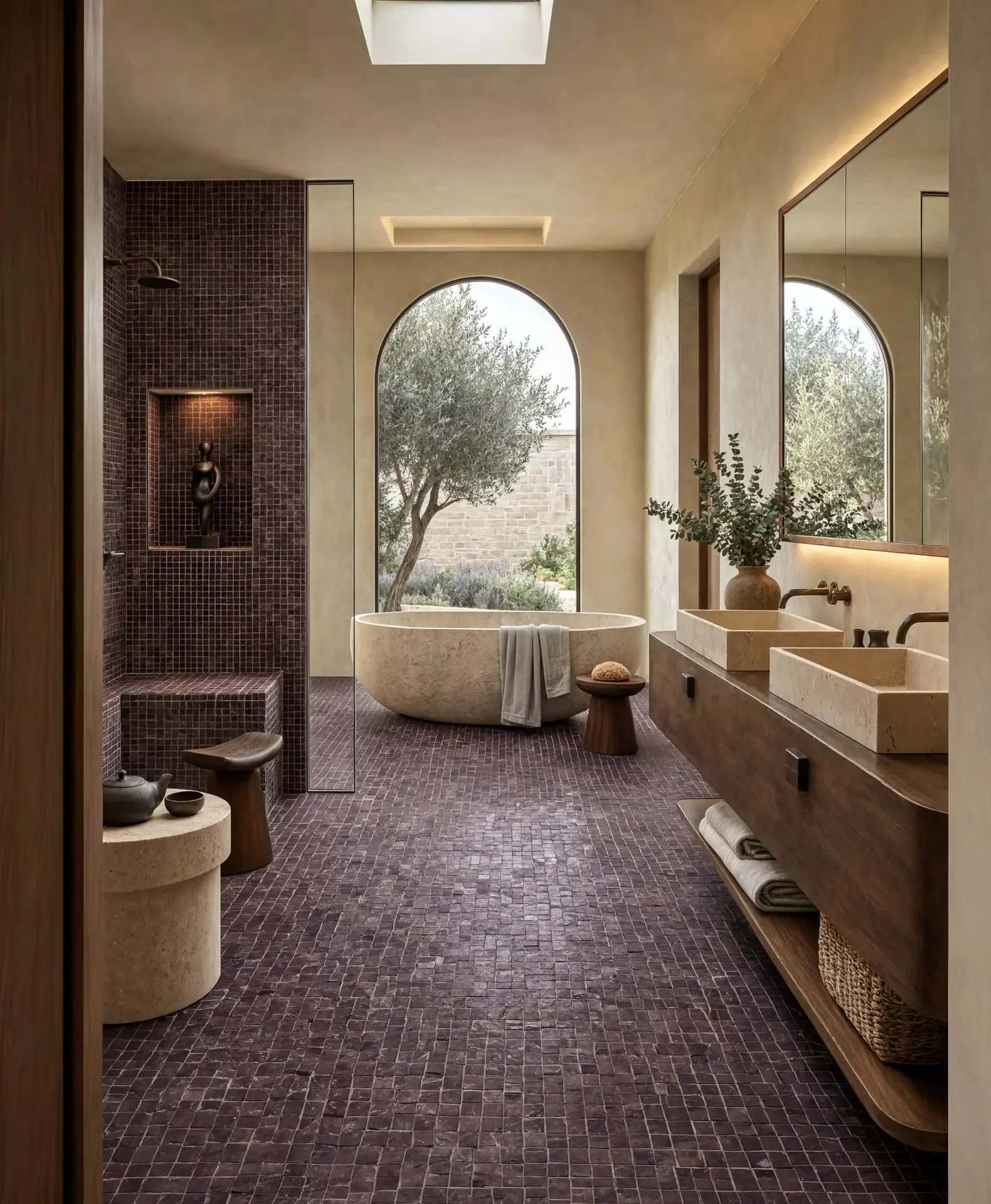 Spa-style bathroom featuring dark red scarpa mosaic tiles across the shower wall and full floor, paired with a freestanding stone tub and an arched window view.