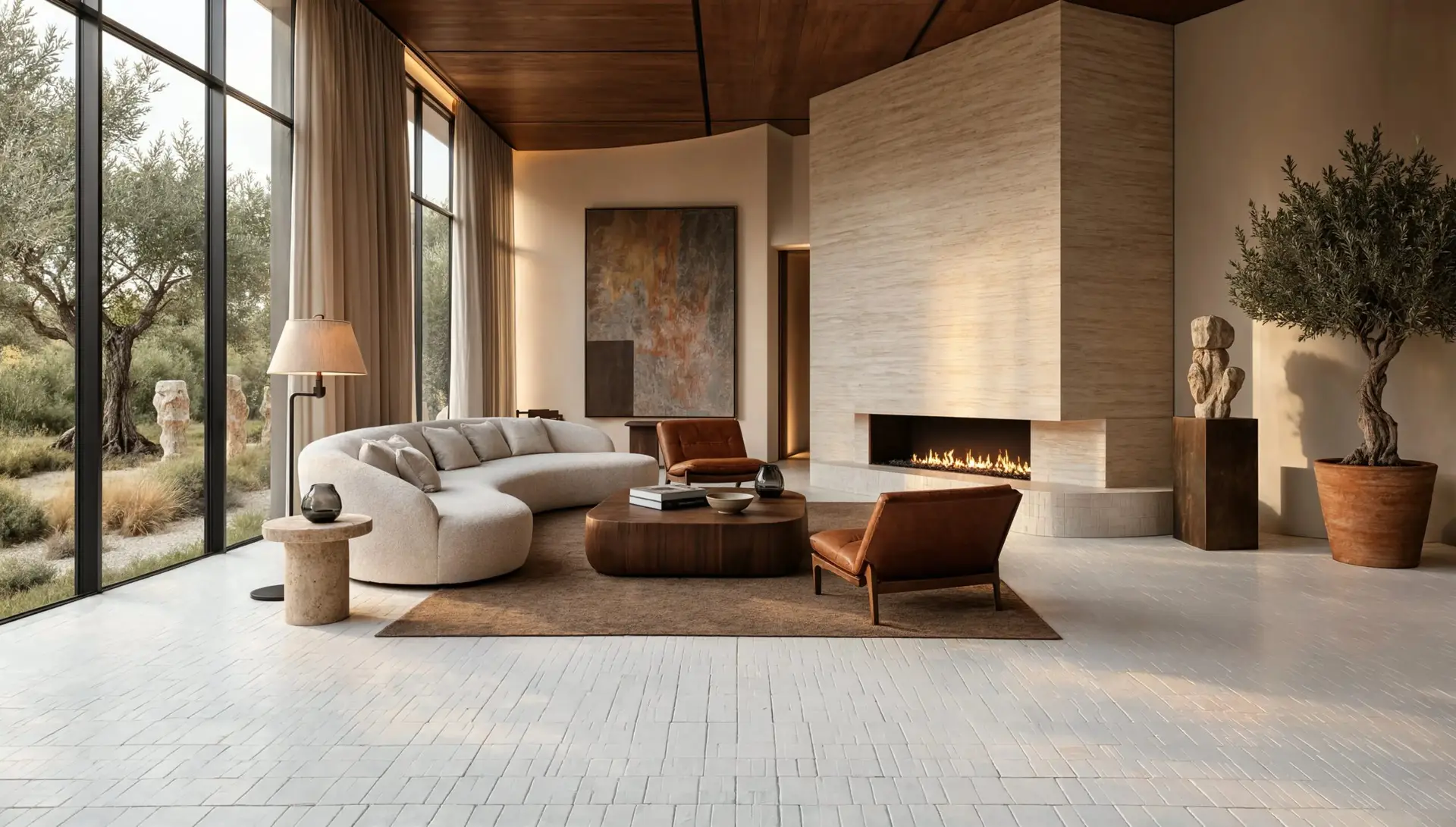 Sunlit living room with a curved boucle sofa and stone fireplace, grounded by light white scarpa mosaic tile flooring that runs seamlessly to the floor-to-ceiling windows.