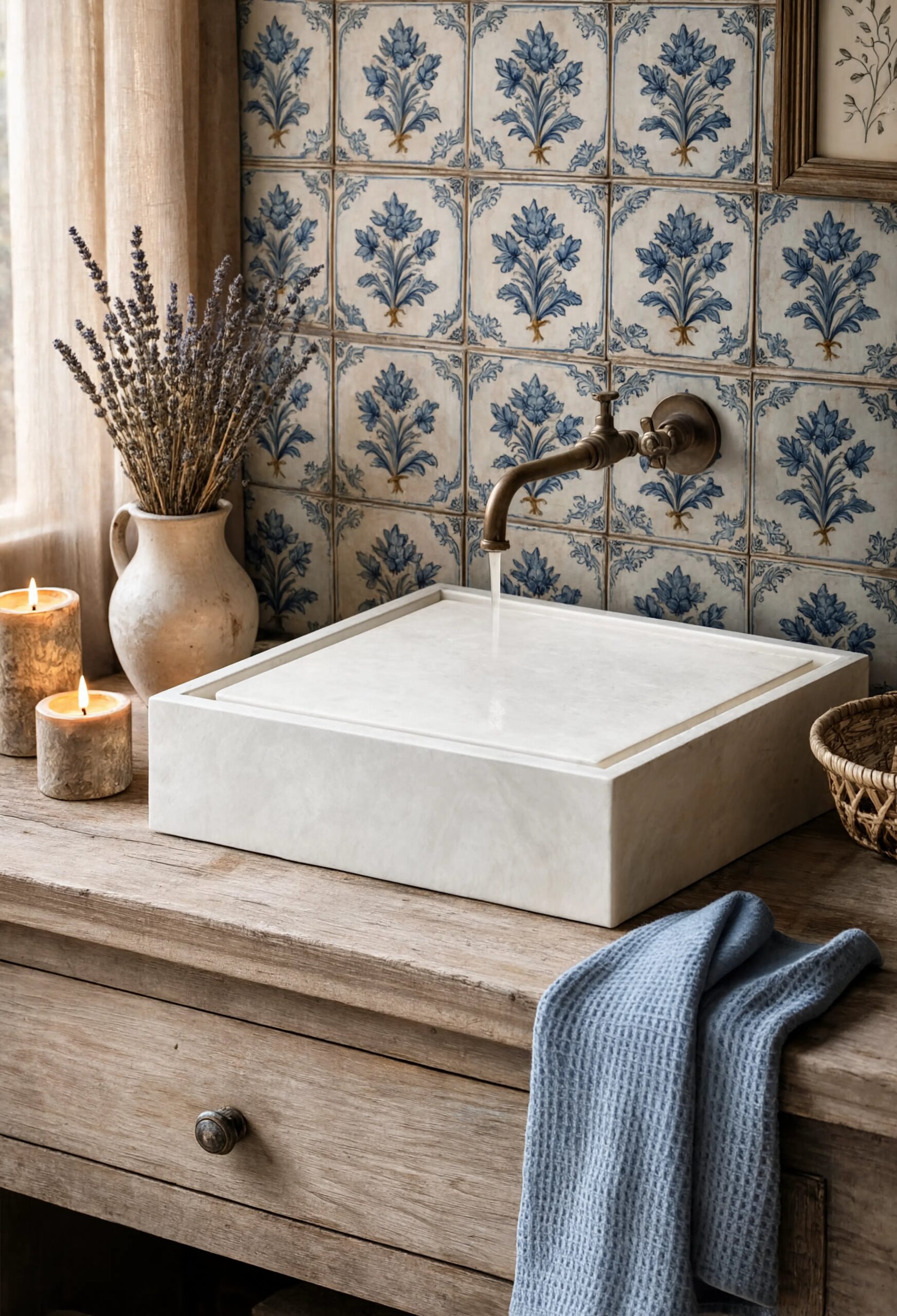 Low, geometric white natural stone sink with a honed marble surface, set against hand-painted blue-and-white Portguguese tile in a sun-warmed French farmhouse bathroom with lavender and candlelight