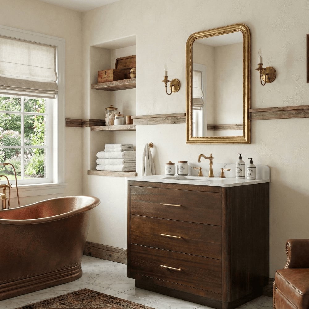 Dark walnut wood bathroom vanity with brass drawer pulls and marble countertop, plastered cream walls with reclaimed wood floating shelves, copper freestanding bathtub and gold sconces in a warm rustic bathroom