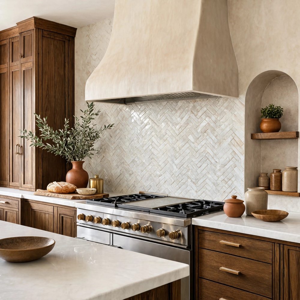Beige honed herringbone marble mosaic tile kitchen backsplash in a modern San Francisco kitchen.