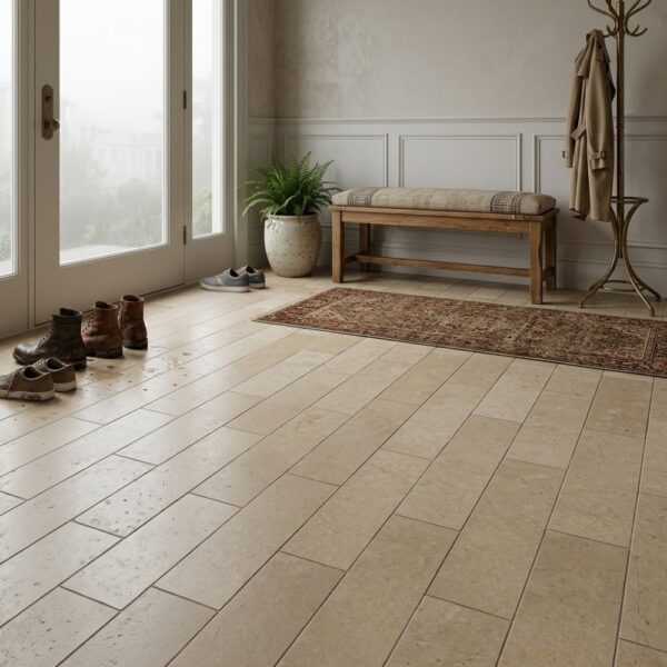 Beige honed subway limestone tile flooring in a modern San Francisco home entryway.