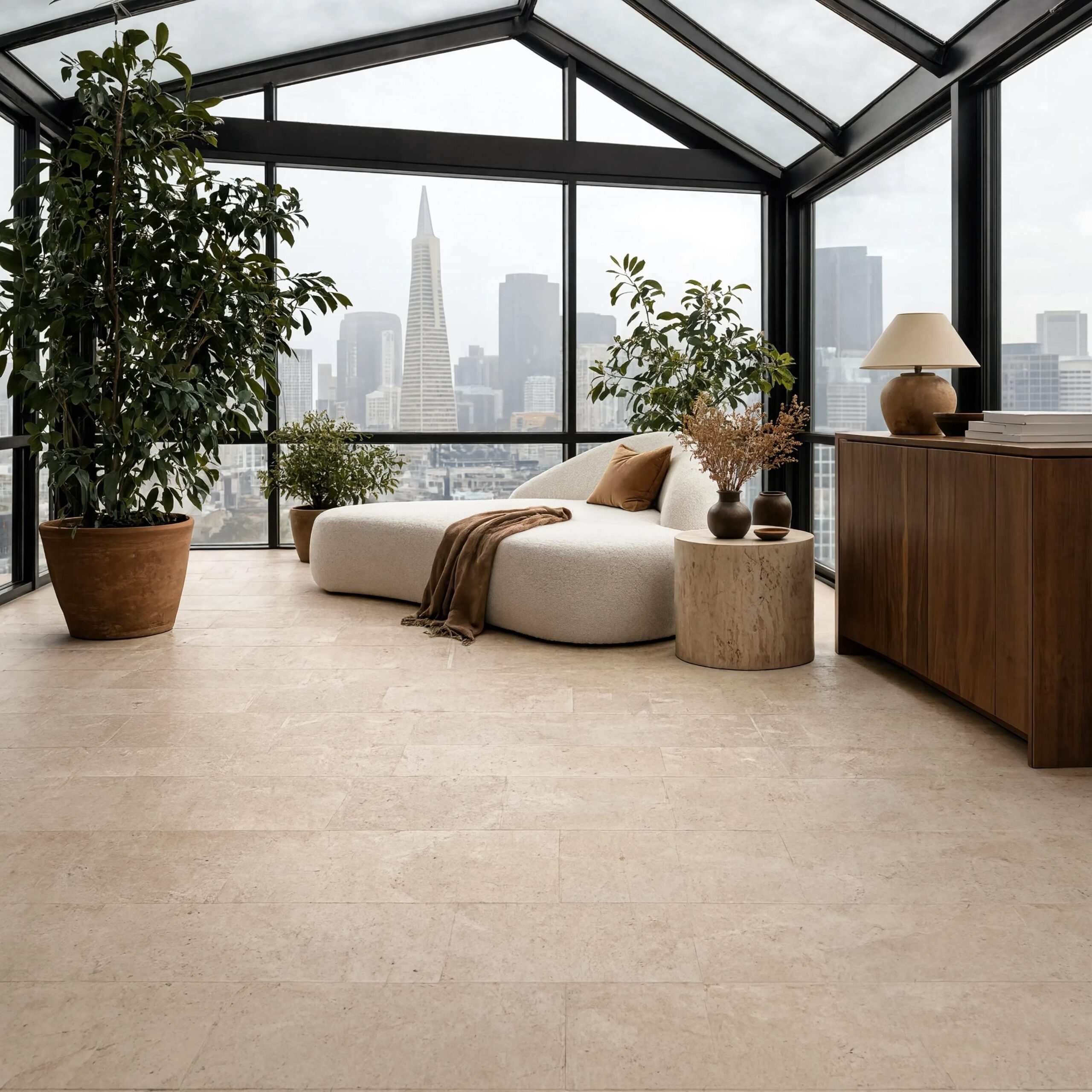Beige honed travertine floor tile in a glass sunroom overlooking the San Francisco.