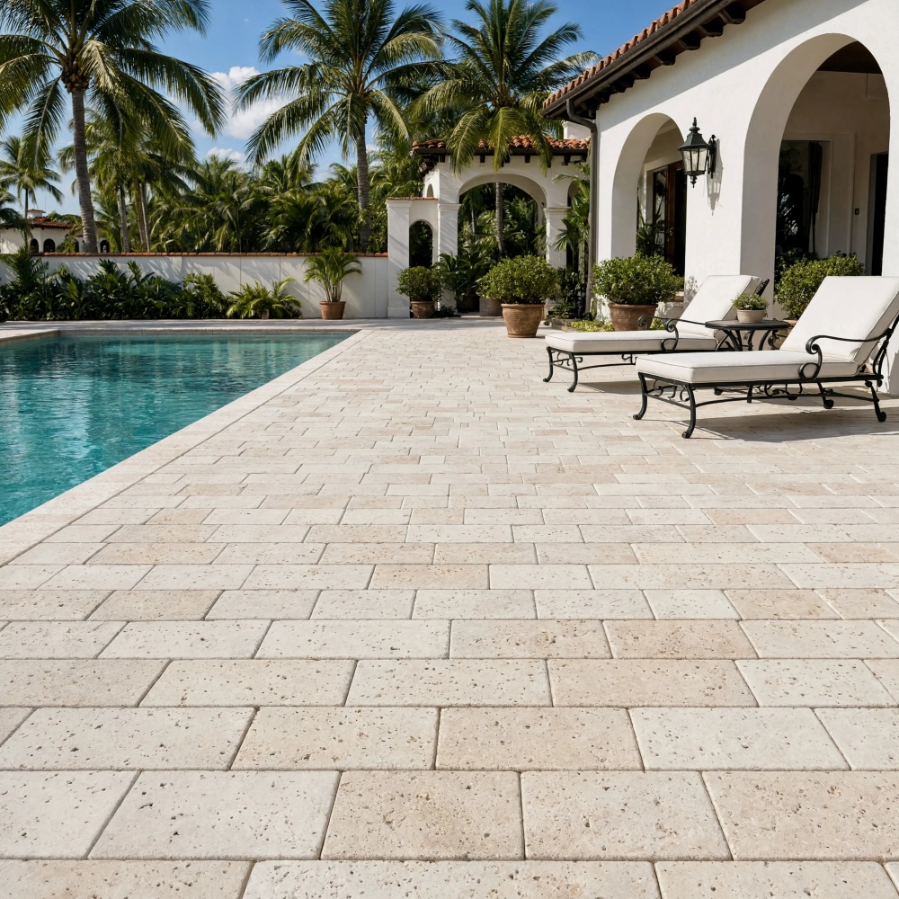Luxury Miami outdoor patio featuring beige tumbled travertine pavers.