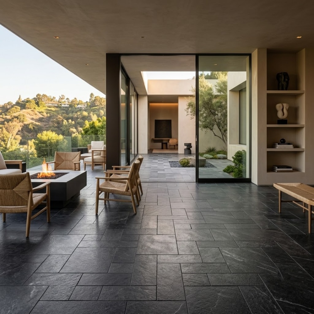 Black textured marble paver flooring on a modern outdoor patio and deck in a Los Angeles home.