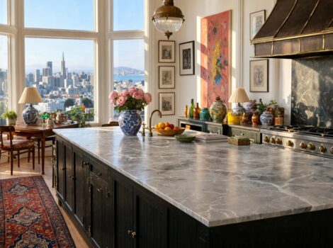 Blue polished marble slab kitchen island countertop in a San Francisco home.