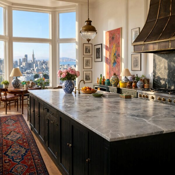 Blue polished marble slab kitchen island countertop in a San Francisco home.