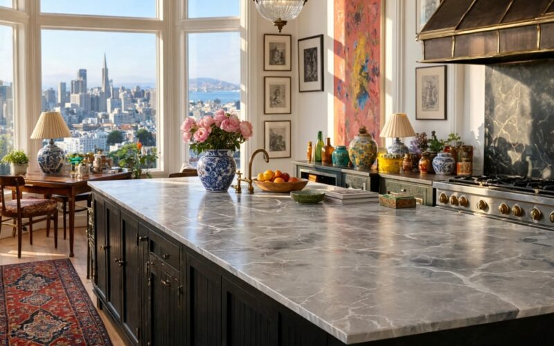 Blue polished marble slab kitchen island countertop in a San Francisco home.