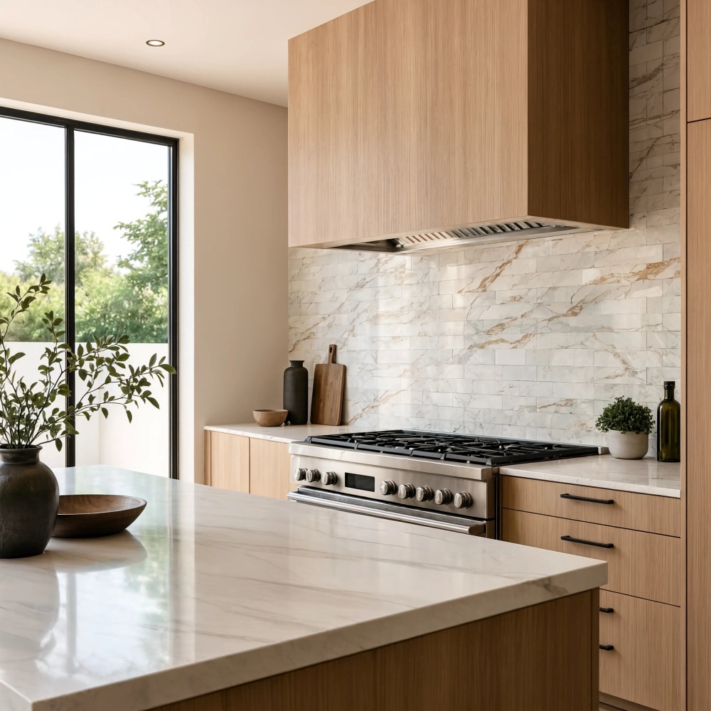 Calacatta Gold Extra polished marble subway tile backsplash in a modern Los Angeles kitchen.