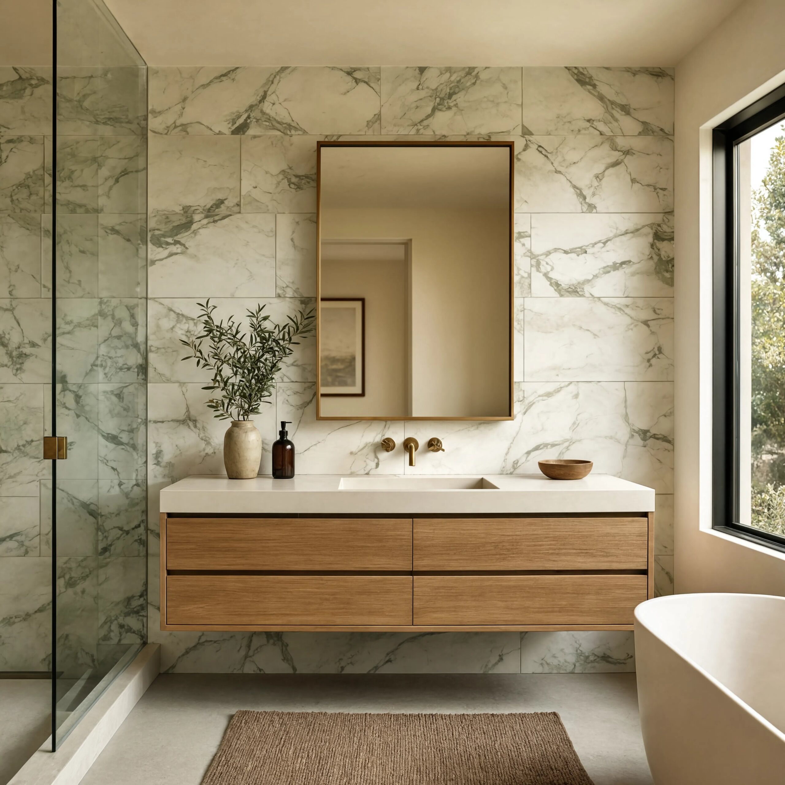 Calacatta Green honed marble tile wall in a modern Los Angeles bathroom.