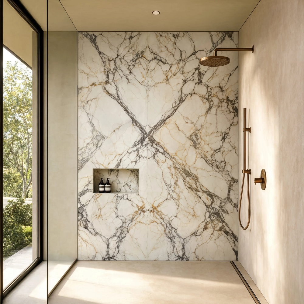 Calacatta Picasso honed marble tile shower feature wall.