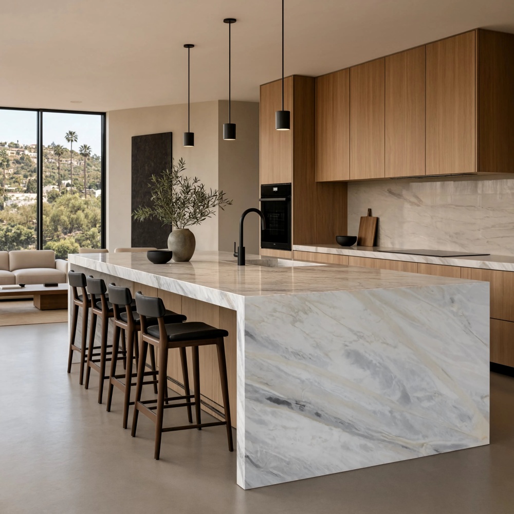 Calacatta polished marble slab kitchen island in a modern Los Angeles home.