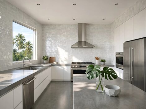 Modern Miami kitchen featuring an extra white glossy Zellige tile backsplash.